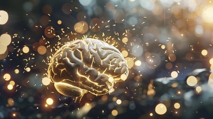 Fototapeta premium Close-up of a human brain with glowing microscopic parasites crawling on its surface, symbolizing infection and disease, representing medical and scientific concepts.