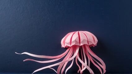  a whimsical pink paper jellyfish gracefully floats against a deep blue background
