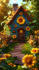 Obraz premium Sunflower Cottage, Forest Path, Summer