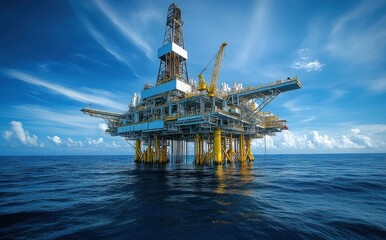 Offshore oil drilling rig in deep blue ocean under serene sky with white clouds and bright sunlight illuminating the structure and surrounding waters