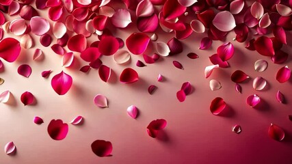 Rose petals are scattered on a pink background, creating a romantic and sophisticated atmosphere. Suitable for the design of postcards, backgrounds, wedding invitations and promotional materials.