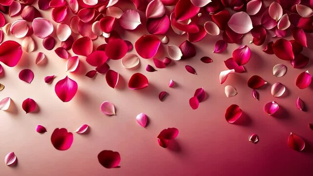 Rose petals are scattered on a pink background, creating a romantic and sophisticated atmosphere. Suitable for the design of postcards, backgrounds, wedding invitations and promotional materials.