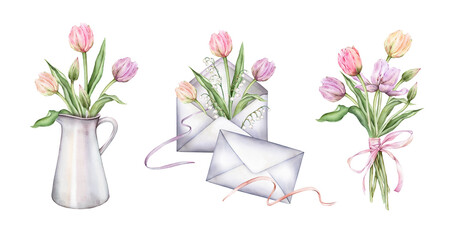Set of bouquet of Pastel light colors Tulips and open bud envelope with ribbon and mayflowers in can. Hand drawn watercolor illustration isolated flowers for spring wedding design or card.