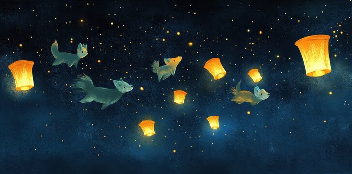 Cartoon foxlike creatures float near lanterns in a starry night
