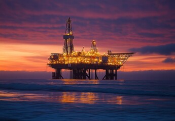 Obraz premium Offshore oil rig illuminated by sunset glow, surrounded by calm sea, showcasing energy industry infrastructure and beautiful natural landscape at twilight