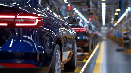 A modern automotive assembly line showcasing advanced robotics and vehicle production. Perfect for industrial, tech, and manufacturing-related projects