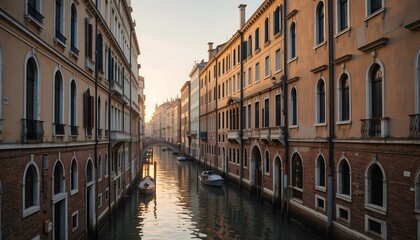 Naklejka premium Narrow Venetian Alley with a Canal Reflecting the Golden Twilight