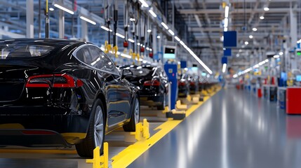 Naklejka premium A modern automotive assembly line showcasing advanced robotics and vehicle production. Perfect for industrial, tech, and manufacturing-related projects