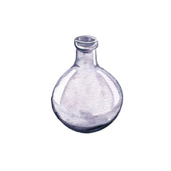 watercolor drawing violet glass bottle, laboratory flask isolated at white background, hand drawn illustration