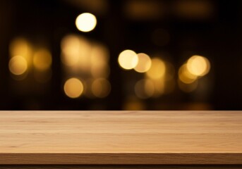 The image captures a sharp wooden tabletop in the foreground, with blurred warm lights creating a bokeh background and a cozy atmosphere with a shallow depth of field