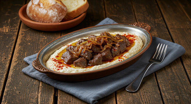 H&uuml;nkar Beğendi (Sultan's Delight) - A creamy roasted eggplant puree topped with tender lamb meat cubes, garnished with caramelized onions and a sprinkle of paprika on a wooden rustic table background