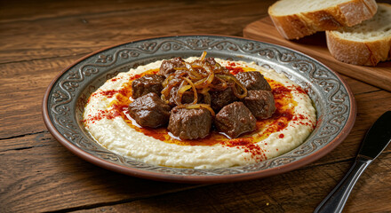 H&uuml;nkar Beğendi (Sultan's Delight) - A creamy roasted eggplant puree topped with tender lamb meat cubes, garnished with caramelized onions and a sprinkle of paprika on a wooden rustic table background