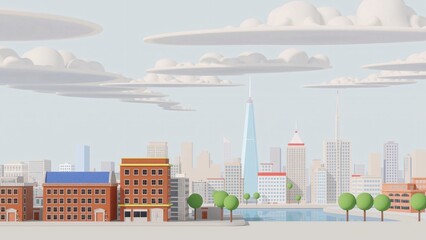 Stylized Low-Poly Cityscape with Modern Skyscrapers and Fluffy Clouds