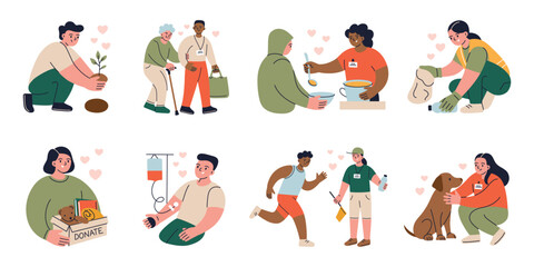 Vector illustrations set of volunteering activities. Charity, blood donation, animal care, environmental cleanup, tree planting. Flat cartoon volunteers help homeless, elderly assistance composition