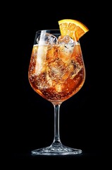 An Aperol Spritz cocktail in a large wine glass isolated on a black background