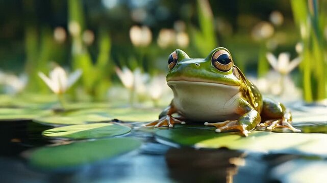 The frog leaped gracefully from lily pad to lily pad, enjoying the warm sunlit afternoon.