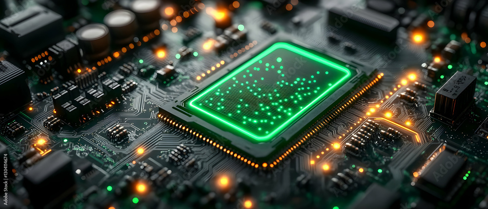 Poster green cpu on circuit board. tech background