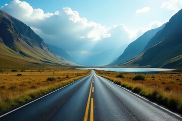 Naklejka premium Empty road winds through Lake District valley, mountains loom , lonely, landscape