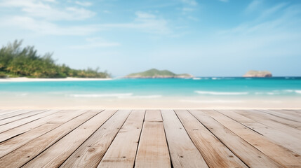 Fototapeta premium Wood table top and blurred summer beach and sky background.