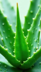 Succulent aloe vera leaf, glistening dew drops, image, square