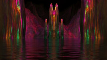 Abstract Surreal Landscape with Luminous Crystal Columns and Water Reflection
