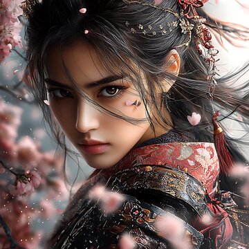 A high-fashion warrior queen, draped in a fusion of traditional Japanese samurai armor and modern couture, her face serene yet fierce, wind-blown cherry blossoms surrounding her, ultra-realistic, 