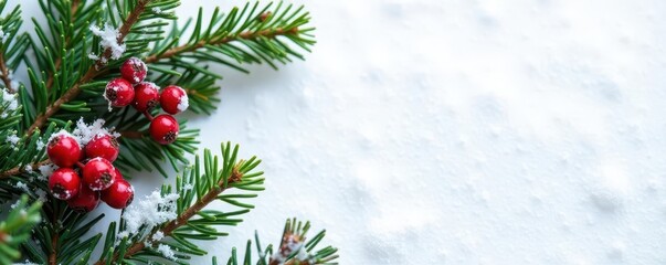 White snowy backdrop, lush green pine boughs, berry sprigs, rustic charm , holiday, cozy