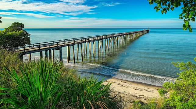 A serene view of a pier stretching into a calm sea with the surrounding lush greenery. The soft, muted colors convey a sense of peace and relaxation.