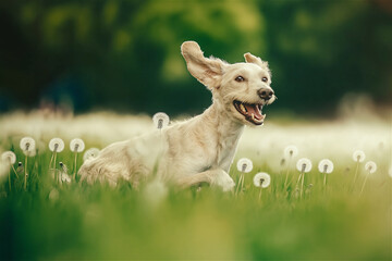 Fototapeta premium A joyful dog running through a field of dandelions. The image captures the carefree spirit of animals in nature, evoking happiness, freedom, and the beauty of outdoor life.