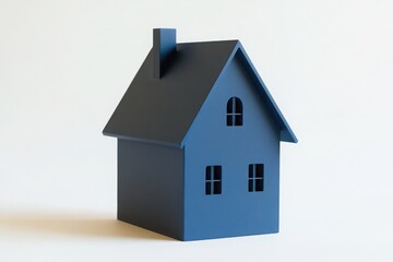 A small blue house-shaped object with a triangular roof and rectangular windows presented