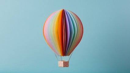  a vibrant and whimsical hot air balloon floats gracefully against a soft blue backdrop