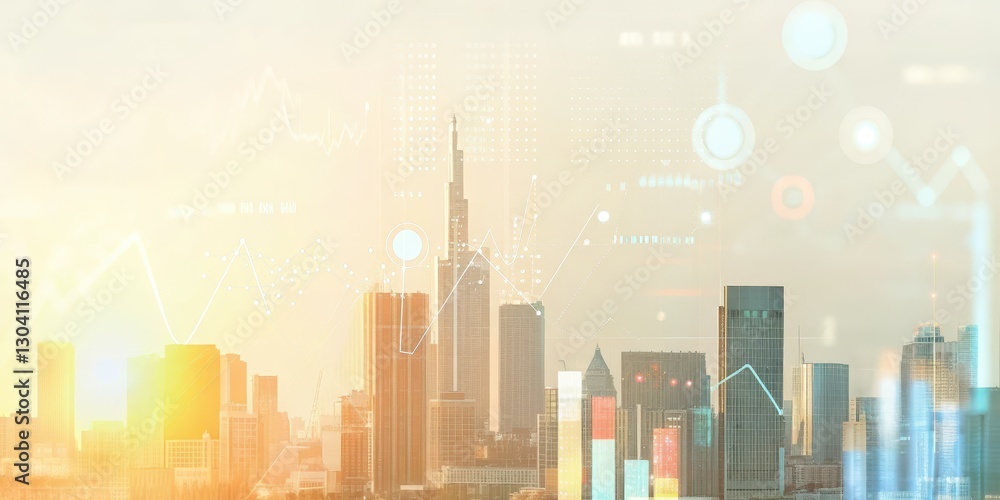 Poster futuristic cityscape with holographic business elements and high-tech features in a metropolis setti
