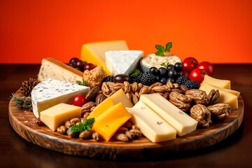 Gourmet Cheese Platter with a Variety of Cheeses, Fruits, and Nuts, Artfully Styled on a Solid Background for an Elegant Culinary Experience - fast foods stock-image