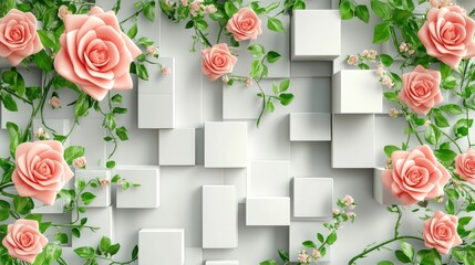 Pink roses climbing cubic wall, nature background, interior design