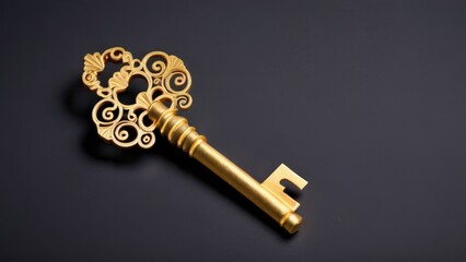  a magnificent ornate golden key resting elegantly on a dark surface