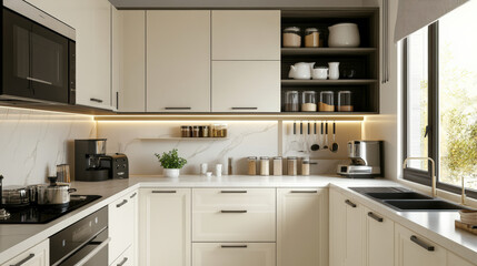 Clean and elegant small kitchen with L shape design, modern appliances, and organized storage. bright space features minimalist aesthetic and natural light