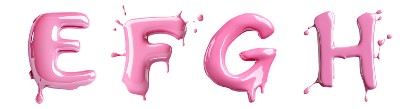 Glossy pink letters e f g h, alphabet with paint splashes  isolated on transparent background PNG