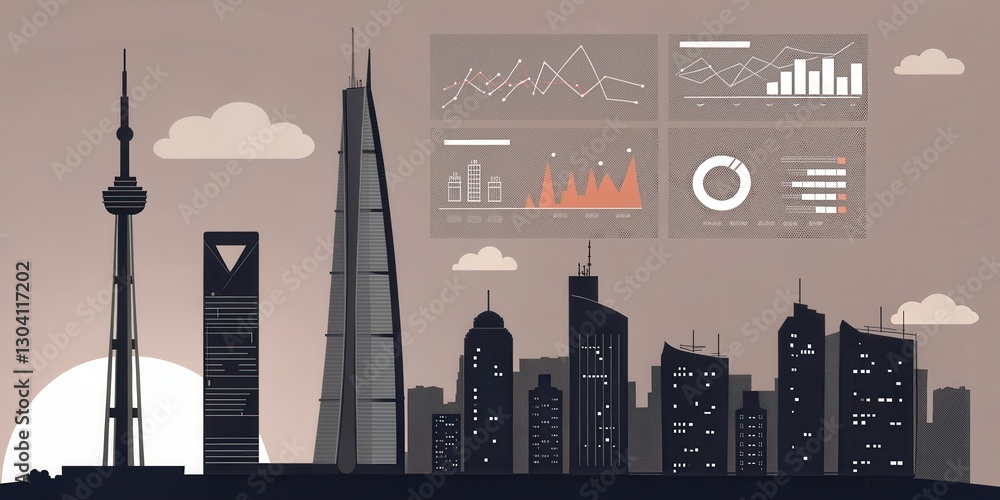 Poster sleek futuristic cityscape with towering structures and data visualization elements in warm tones