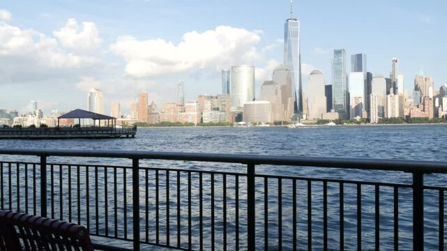 New York City waterfront skyline, Manhattan Downtown Financial district, World Trade Center building, riverfront skyscrapers. From Paulus Hook, New Jersey. United States architecture. Hudson river.
