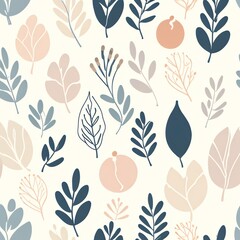 Elegant Botanical Seamless Pattern:  A Delicate Design Featuring Soft Hues and Abstract Leaves