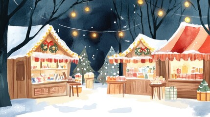 A cozy winter market scene with snow-covered stalls, twinkling lights, and festive decorations, creating a warm holiday atmosphere.