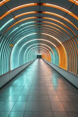 Fototapeta premium A clean, futuristic design of a digital tunnel where the walls are composed of weaving fiber optic lines in turquoise and orange