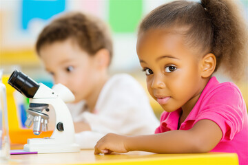 Smiling girl in pink shirt using microscope in science classroom with classmates nearby. Modern learning environment fostering curiosity and discovery.