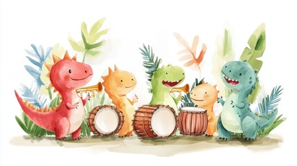 Fototapeta premium A cheerful group of colorful dinosaurs playing instruments in a lush, tropical setting, creating a fun and lively atmosphere.
