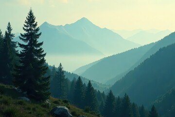 Misty mountain fir forest, vintage faded tones, green, grained