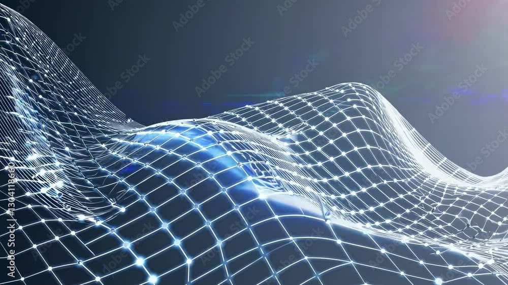 Poster a dynamic video concept of a glowing grid in a 3d space, viewed from a low angle, creating a futuris