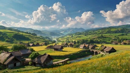 A breathtaking anime-style village scene nestled in a lush valley, surrounded by rolling green hills and golden fields. The foreground features a gently sloping hillside covered in wildflowers, overlo