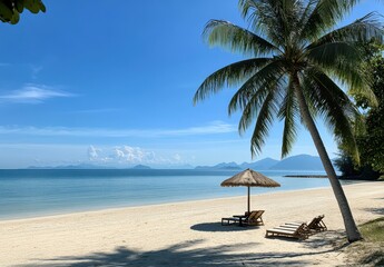 Serene Beach Scene with Palm Trees, Sun Loungers, and Clear Blue Sky Overlooking Calm Ocean Water and Distant Mountain Ranges