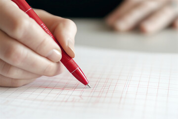 Close-up of hand writing on graph paper with red pen, focusing on precision and calculations. Concept of academic study, analysis, and data recording.