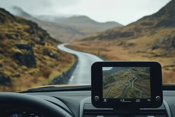A scenic view of a winding road through mountainous terrain, seen from inside a vehicle with a GPS display showing the route.